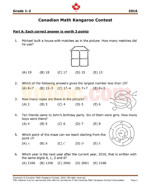 Đề thi toán quốc tế Kangaroo lớp 1