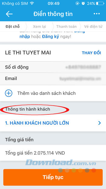 Điền thông tin hành khách Điền thông tin hành khách