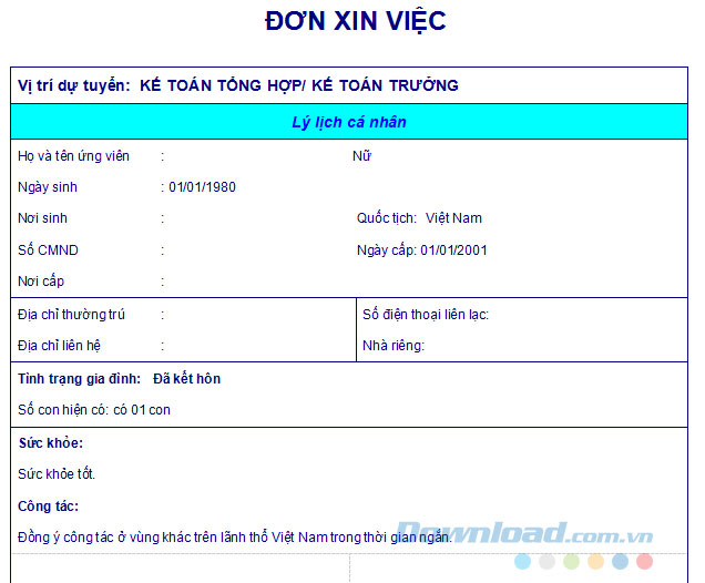 Đơn xin việc kế toán