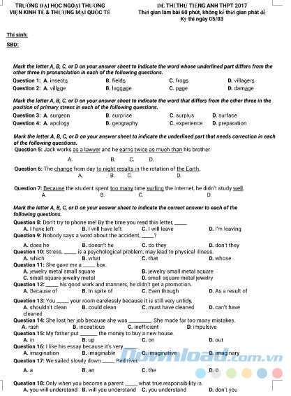 Đề thi thử Đại học 2017 môn Tiếng Anh trường Đại học Ngoại Thương Đề thi thử Đại học 2017 môn Tiếng Anh trường Đại học Ngoại Thương