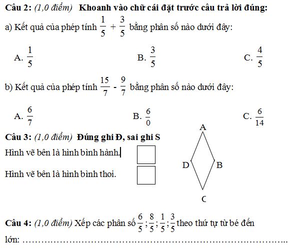 Đề thi giữa học kì 2 môn Toán lớp 4