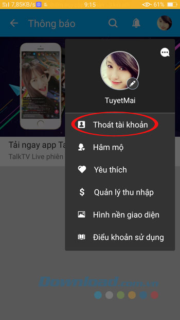 Thoát tài khoản TalkTV