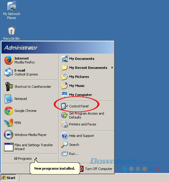 Chọn Control Panel từ nút Start