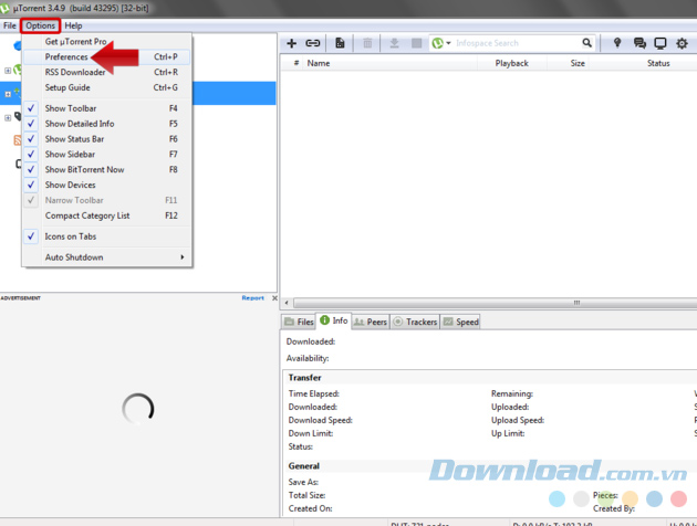 Quay lại Options và chọn Preferences
