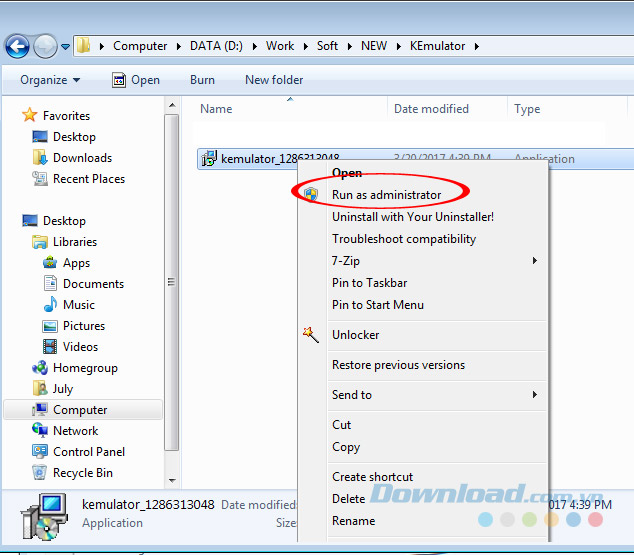 Cài đặt KEmulator dưới quyền Admin