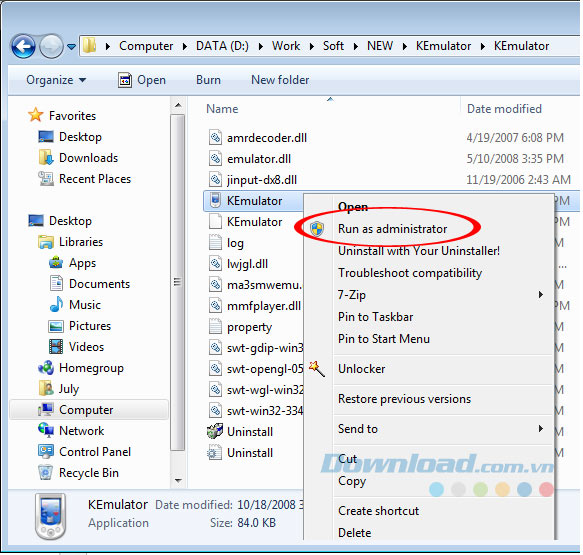 Khởi chạy KEmulator dưới quyền Admin