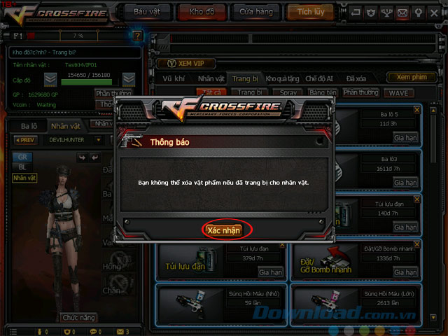 Thông báo không thể xóa vật phẩm nếu đang trang bị cho nhân vật