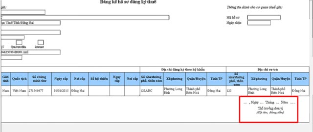 Bảng kê hồ sơ đăng ký thuế