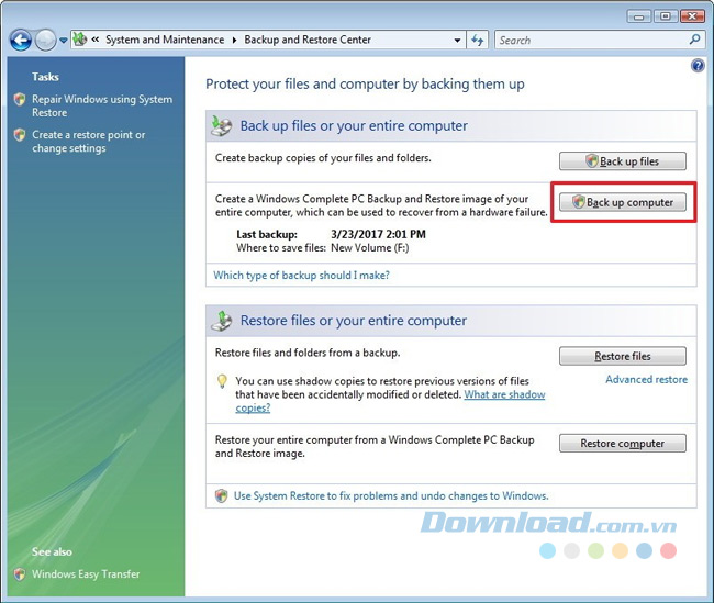 Nhấn Back up computer Nhấn Back up computer
