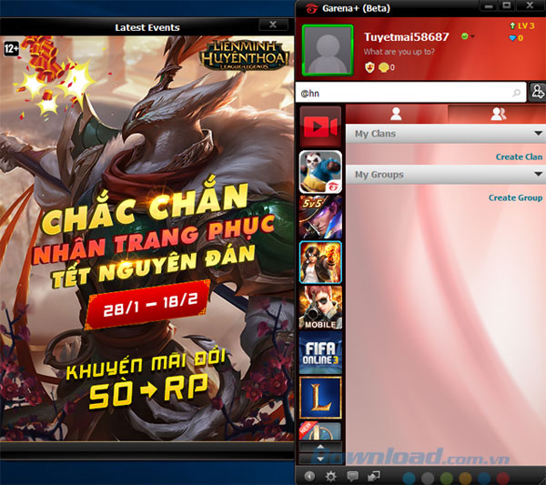 Giao diện chính của Garena
