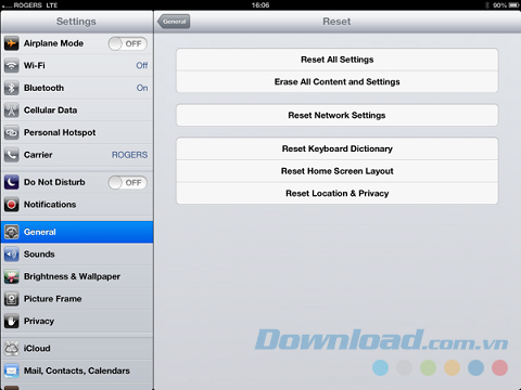 Reformat iPad trong mục Settings