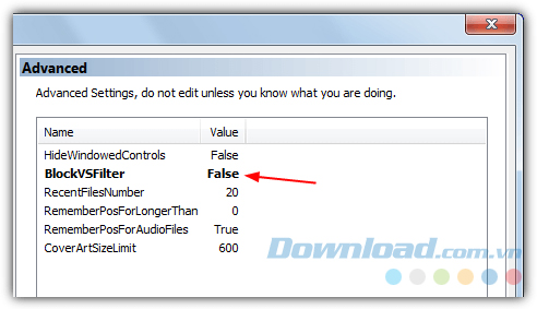 Đổi giá trị của BlockVSFilter sang False