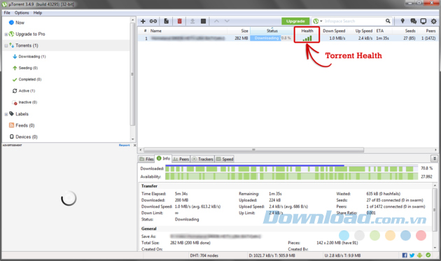 Hiển thị Health của file torrent