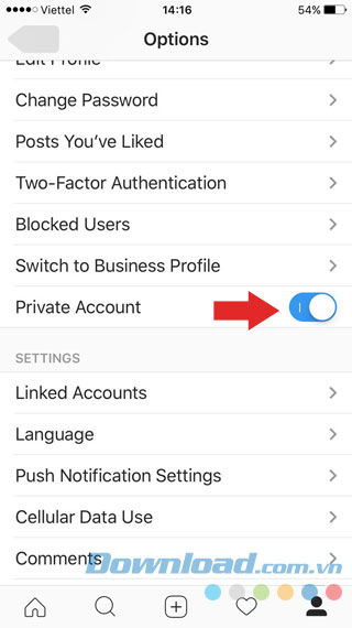 Bật tùy chọn Private Account