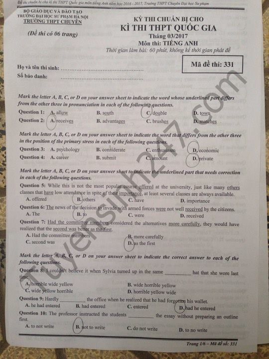 Ngân hàng đề thi thử THPT Quốc gia 2017 môn Tiếng Anh Đề thi thử THPT Quốc gia môn tiếng Anh 2017