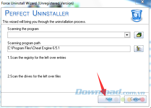 bấm Next để xóa tất cả các mục đăng ký và các tập tin được tạo ra bởi Cheat Engine