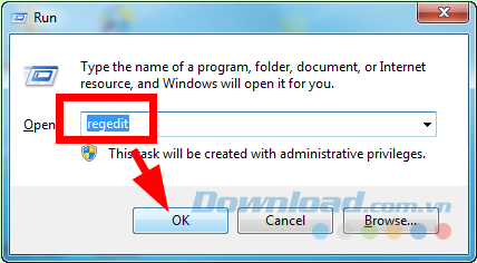 Gõ regedit và nhấn Ok