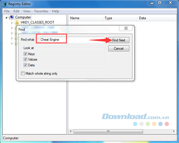 Gõ Cheat Engine và nhấn Find Next
