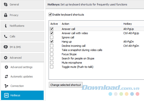 Kích hoạt các phím tắt