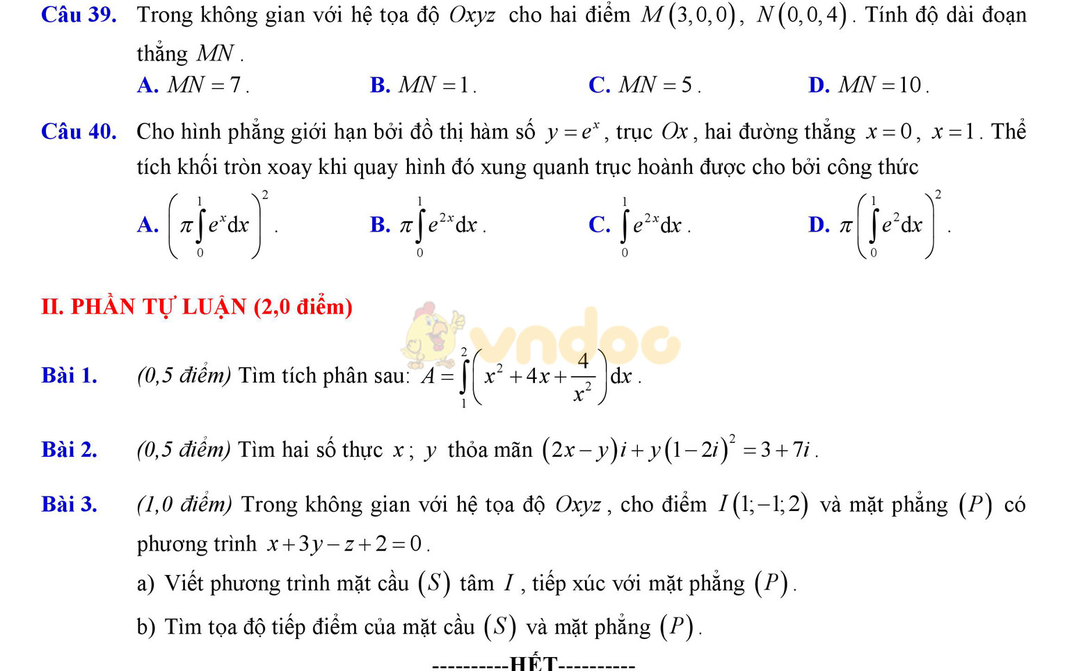 Đề thi học kì 2 môn Toán lớp 12