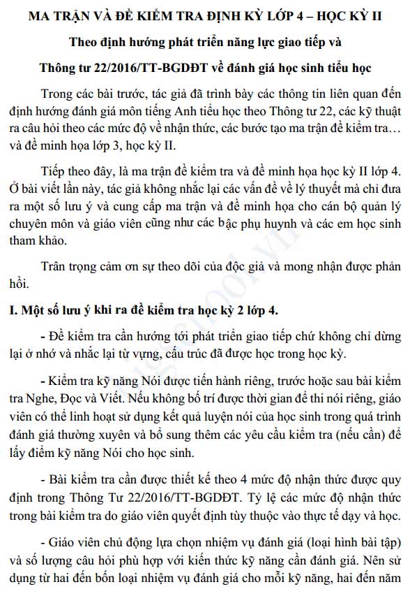 Ma trận và đề thi học kỳ 2 môn Tiếng Anh lớp 4 theo thông tư 22