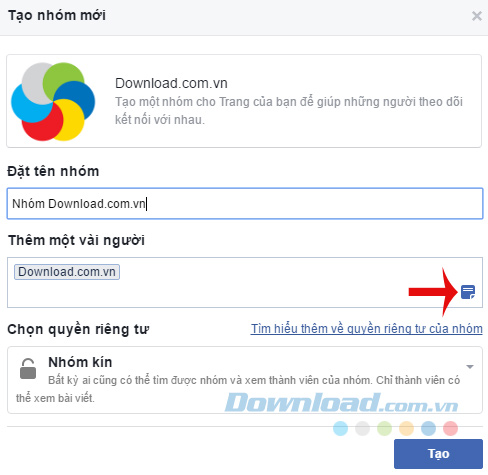 Giao diện tạo nhóm mới