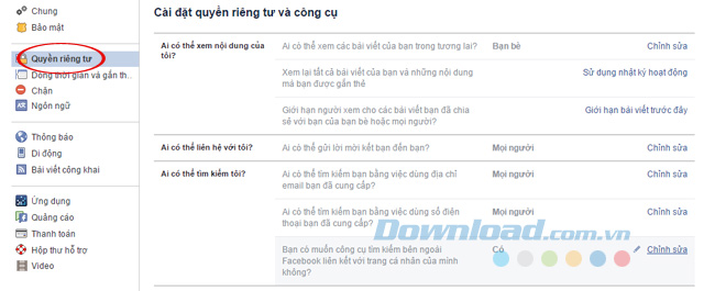 Cài đặt quyền riêng tư
