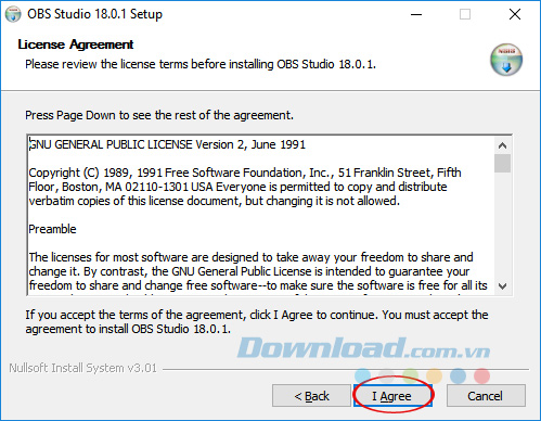 Đồng ý với các điều khoản cài đặt OBS Studio
