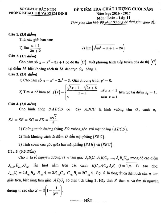 Đề thi học kì 2 lớp 11 môn Toán
