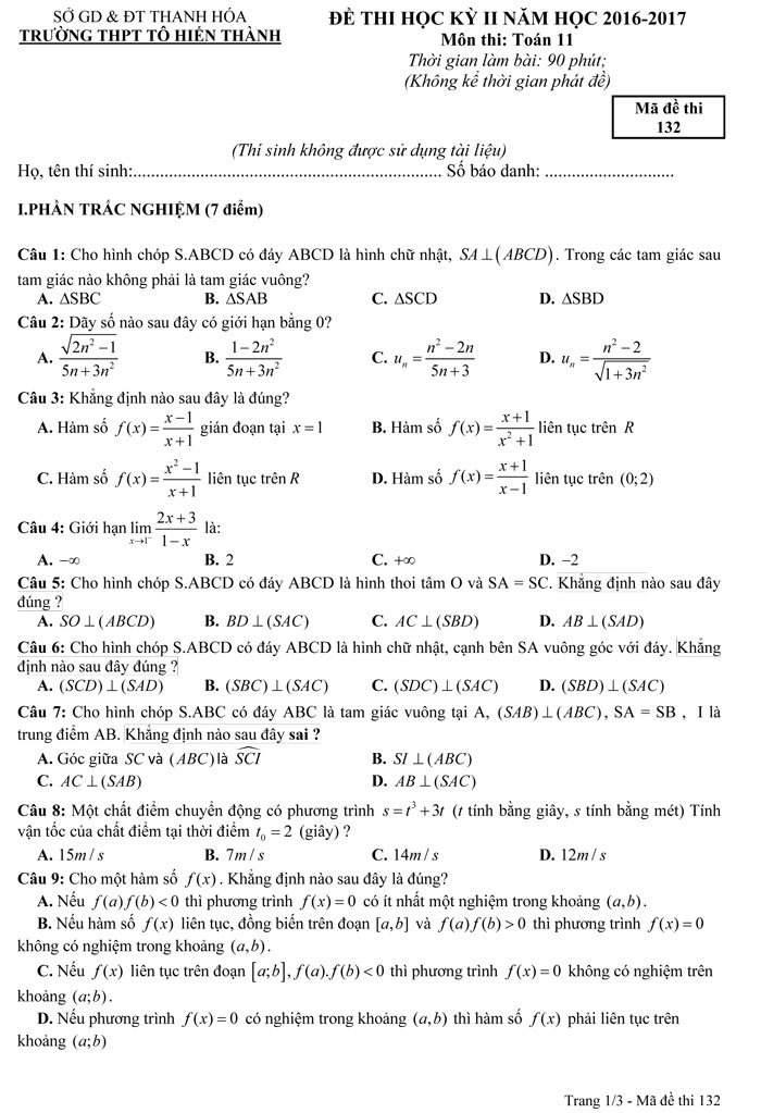 Đề thi học kì 2 lớp 11 môn Toán