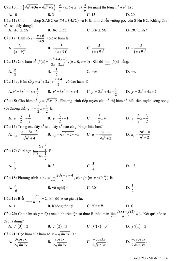 Đề thi học kì 2 lớp 11 môn Toán
