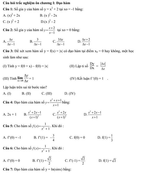 250 câu hỏi trắc nghiệm môn Toán lớp 12
