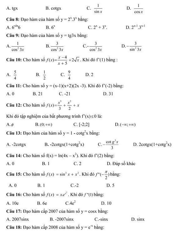 250 câu hỏi trắc nghiệm môn Toán lớp 12