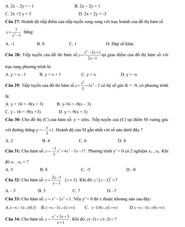 250 câu hỏi trắc nghiệm môn Toán lớp 12