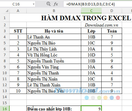 Kết quả sau khi dùng hàm Dmax