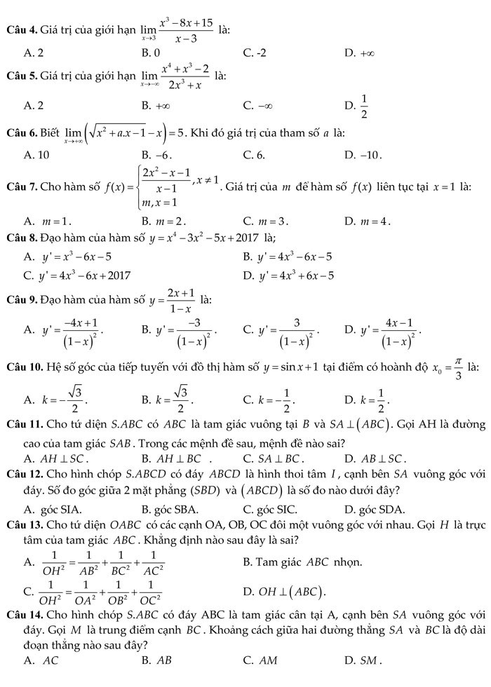 Đề thi học kì 2 lớp 11 môn Toán