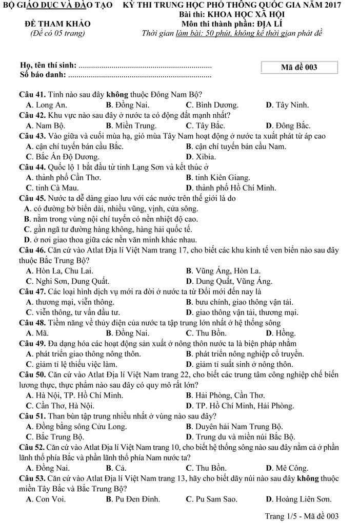 Đề thi minh họa THPT Quốc gia 2017 môn Địa lý - Lần 3