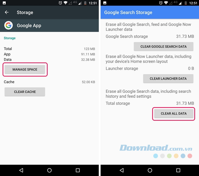 Chạm vào Clear All Data trong Google App