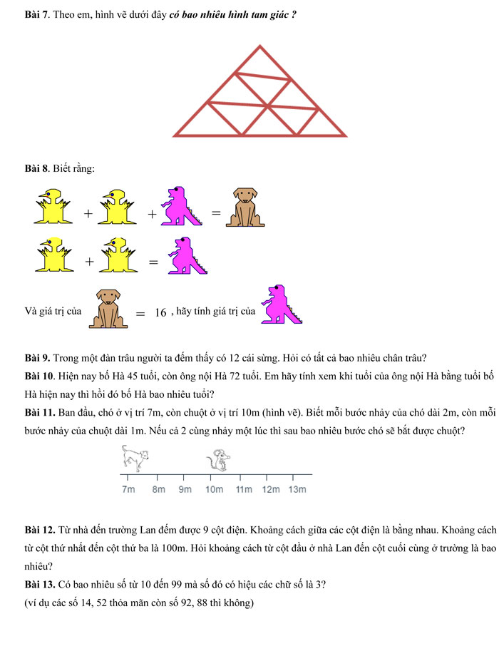 Đề kiểm tra đầu vào môn Toán lớp 2 lên lớp 3