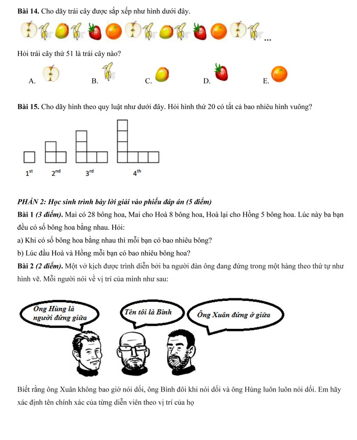 Đề kiểm tra đầu vào môn Toán lớp 2 lên lớp 3