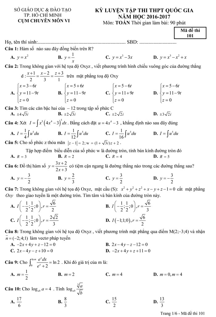 Đề thi thử THPT Quốc gia 2017 môn Toán
