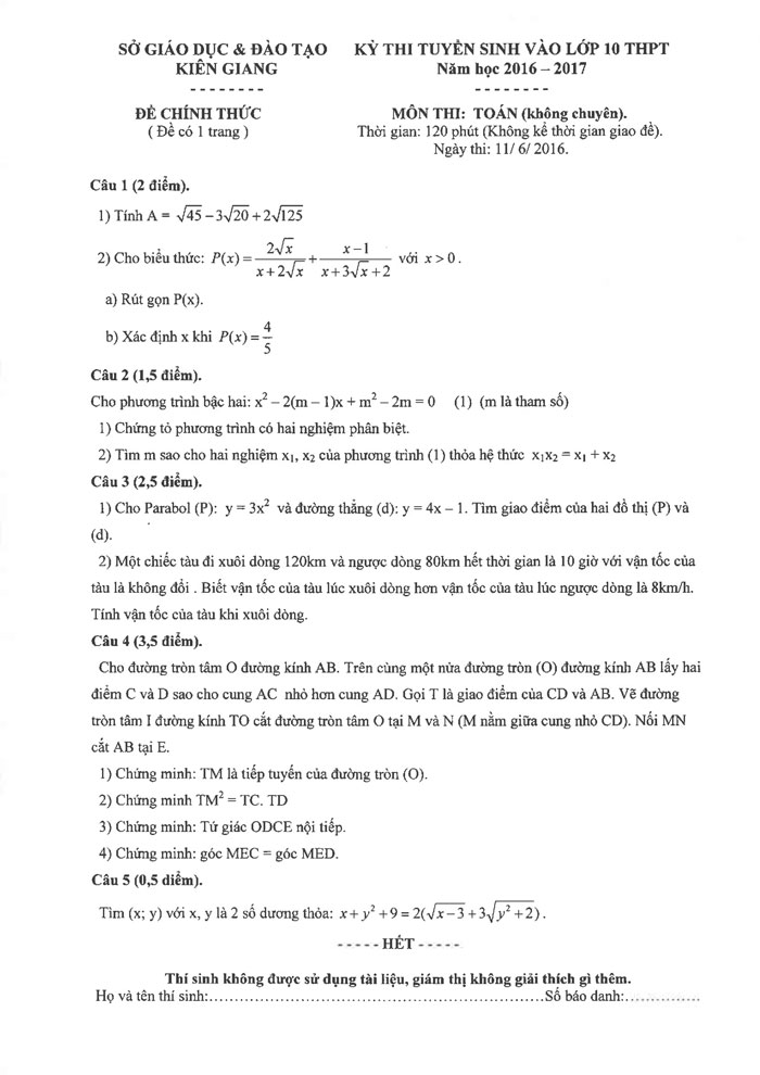 Đề thi tuyển sinh vào lớp 10 môn Toán