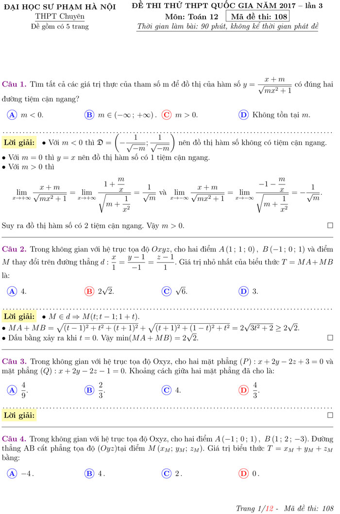 Đề thi thử THPT Quốc gia 2017 môn Toán
