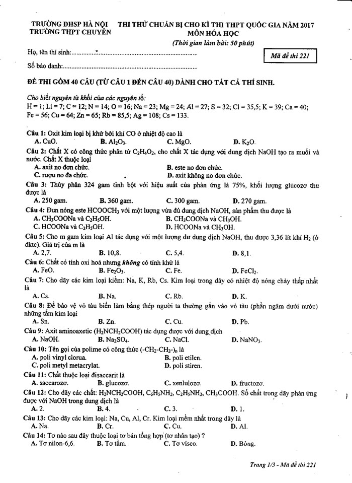 Đề thi thử THPT Quốc gia 2017 môn Hóa học