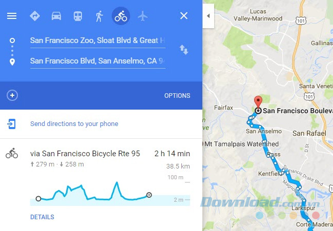 Biểu đồ biểu thị độ cao của tuyến đường