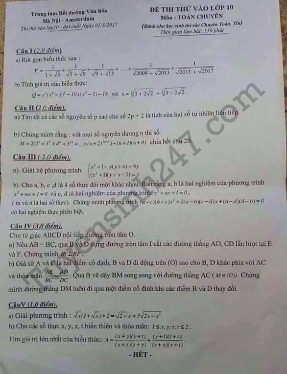 Đề thi thử vào lớp 10 năm 2017 môn Toán