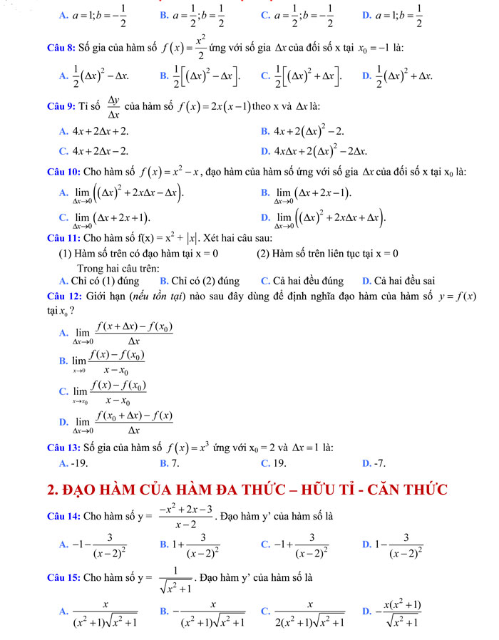 300 câu trắc nghiệm về đạo hàm theo chủ đề
