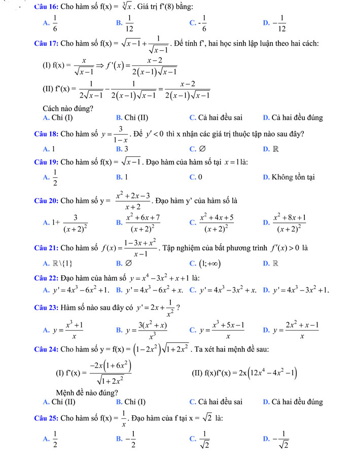 300 câu trắc nghiệm về đạo hàm theo chủ đề