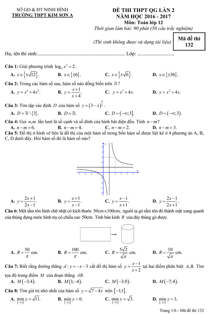 Đề thi thử THPT Quốc gia năm 2017 môn Toán