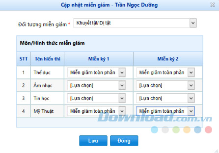 Thông tin học sinh miễn giảm